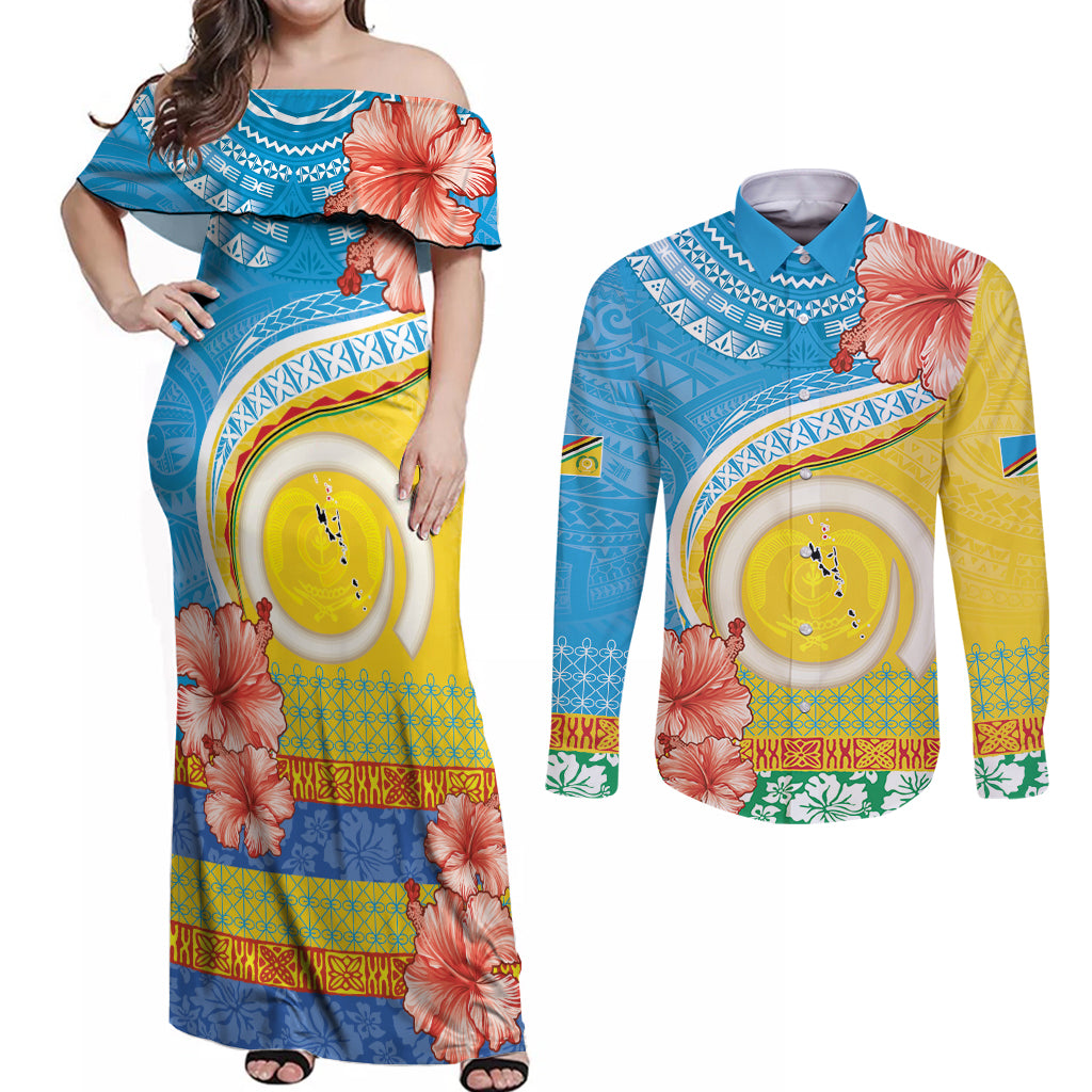 Torba Vanuatu Couples Matching Off Shoulder Maxi Dress and Long Sleeve Button Shirt Hibiscus Sand Drawing with Pacific Pattern