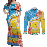 Torba Vanuatu Couples Matching Off Shoulder Maxi Dress and Long Sleeve Button Shirt Hibiscus Sand Drawing with Pacific Pattern