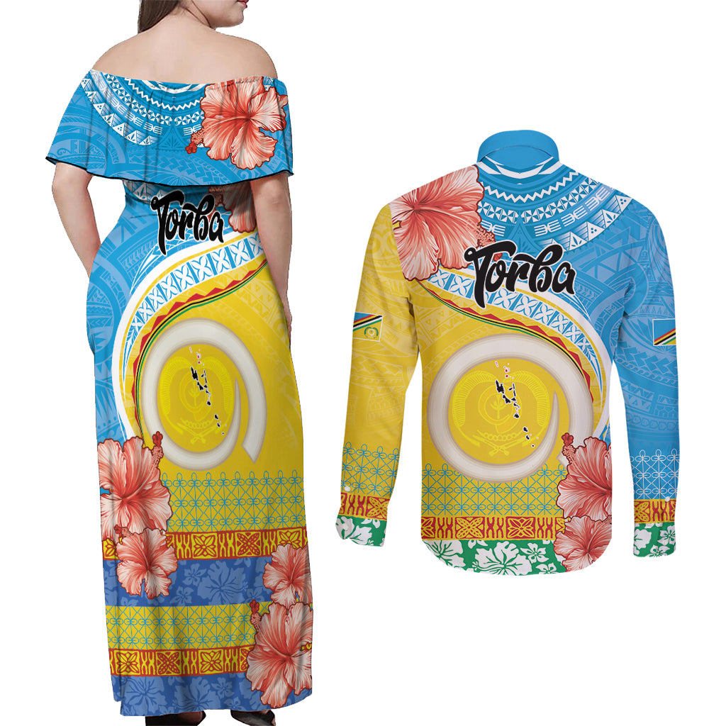 Torba Vanuatu Couples Matching Off Shoulder Maxi Dress and Long Sleeve Button Shirt Hibiscus Sand Drawing with Pacific Pattern