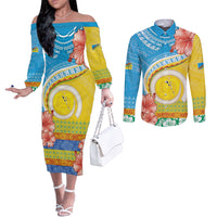 Torba Vanuatu Couples Matching Off The Shoulder Long Sleeve Dress and Long Sleeve Button Shirt Hibiscus Sand Drawing with Pacific Pattern