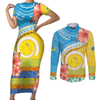 Torba Vanuatu Couples Matching Short Sleeve Bodycon Dress and Long Sleeve Button Shirt Hibiscus Sand Drawing with Pacific Pattern