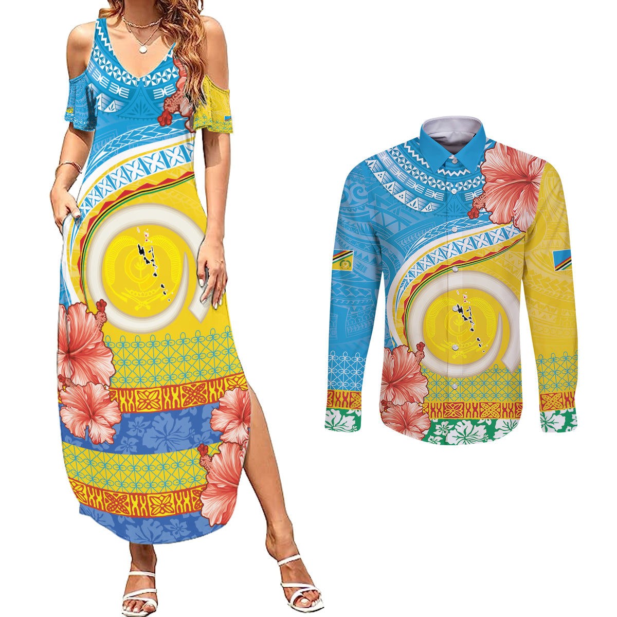 Torba Vanuatu Couples Matching Summer Maxi Dress and Long Sleeve Button Shirt Hibiscus Sand Drawing with Pacific Pattern