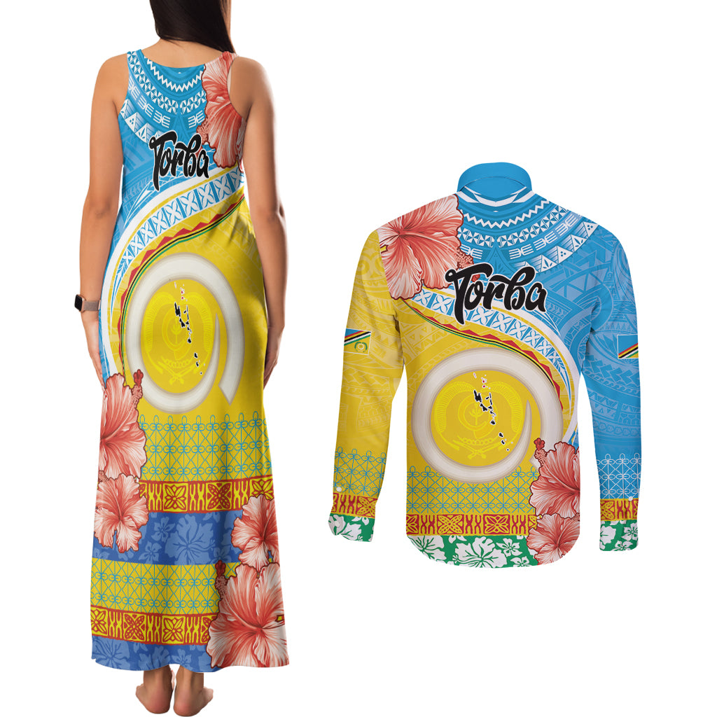 Torba Vanuatu Couples Matching Tank Maxi Dress and Long Sleeve Button Shirt Hibiscus Sand Drawing with Pacific Pattern