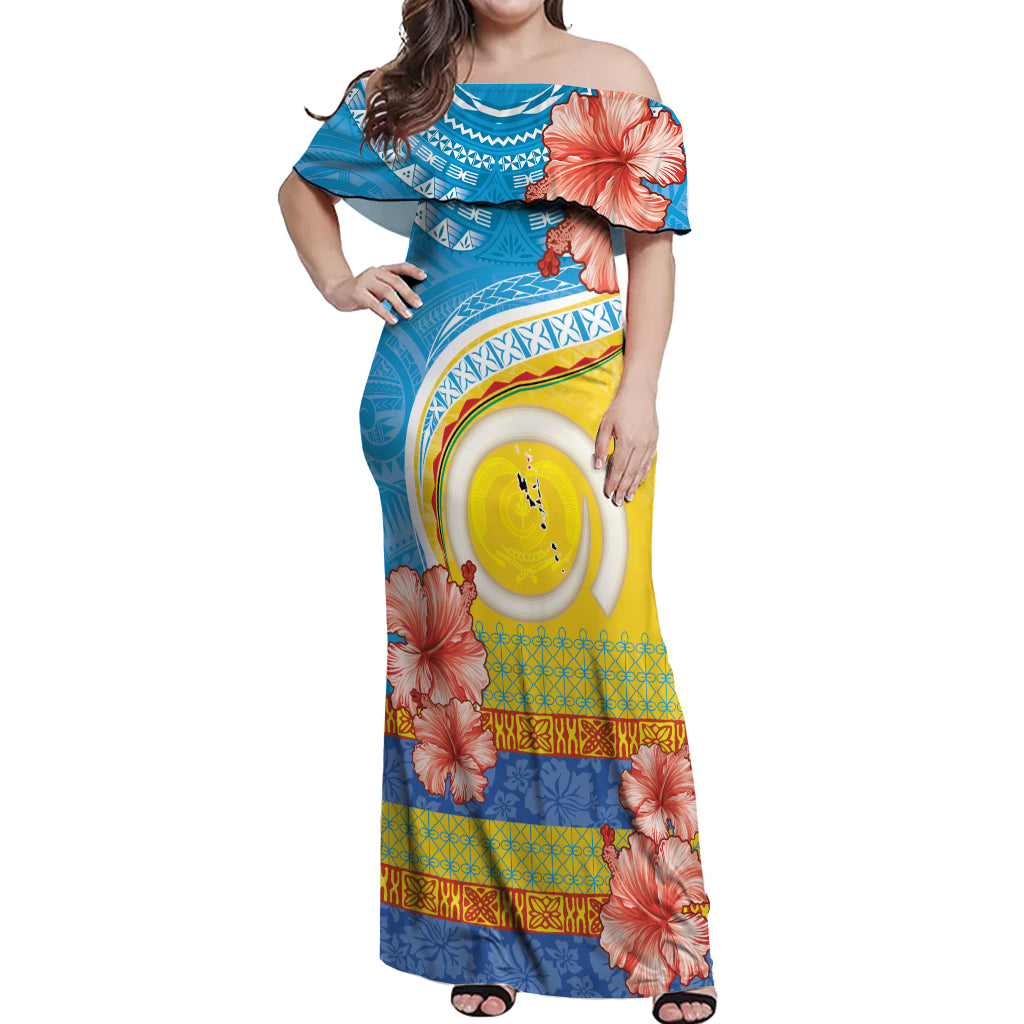 Torba Vanuatu Off Shoulder Maxi Dress Hibiscus Sand Drawing with Pacific Pattern