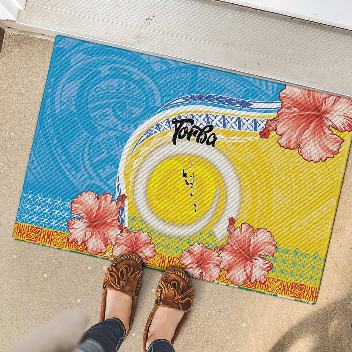 Torba Vanuatu Rubber Doormat Hibiscus Sand Drawing with Pacific Pattern