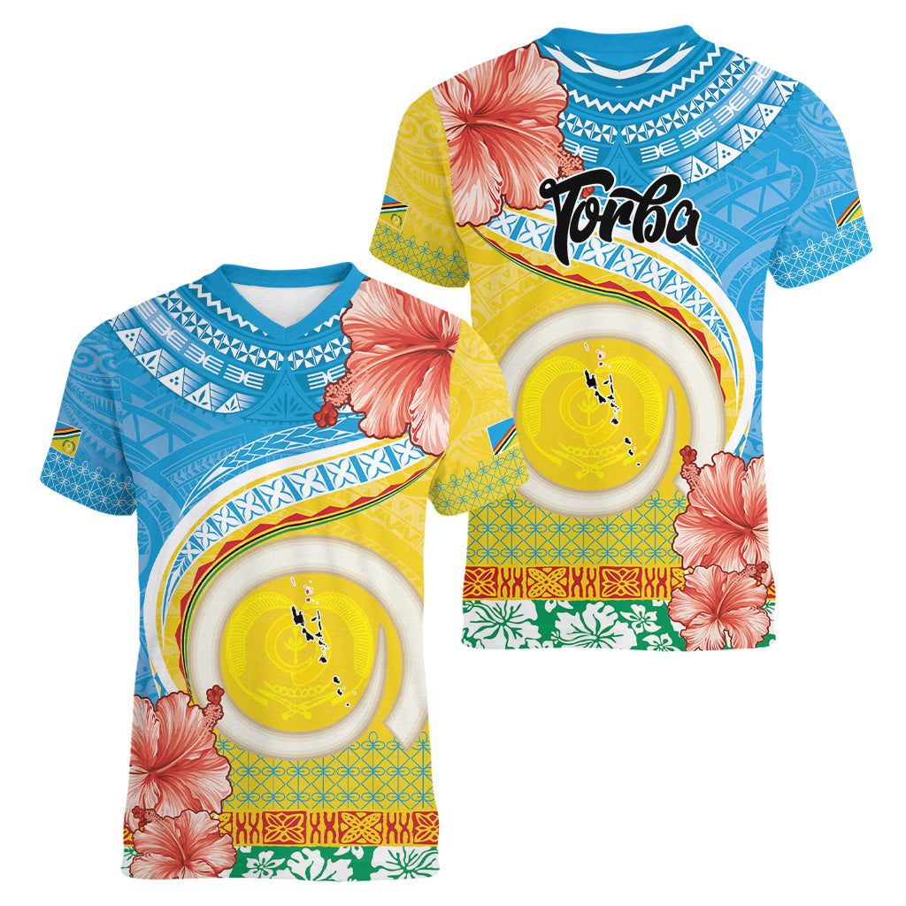 Torba Vanuatu Women V-Neck T-Shirt Hibiscus Sand Drawing with Pacific Pattern