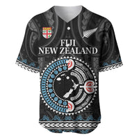 Custom Fiji and New Zealand Baseball Jersey Maori Fern Mix Tapa Tribal Unique LT9 Black - Polynesian Pride