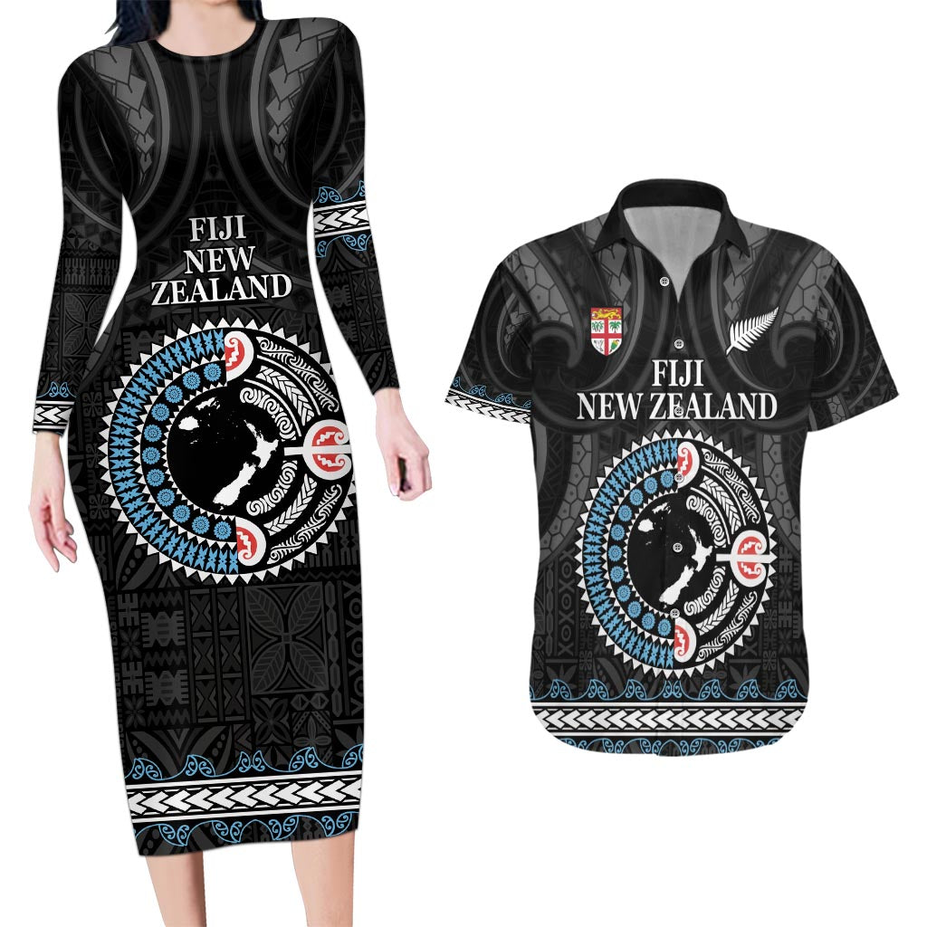 Custom Fiji and New Zealand Couples Matching Long Sleeve Bodycon Dress and Hawaiian Shirt Maori Fern Mix Tapa Tribal Unique LT9 Black - Polynesian Pride