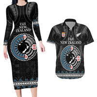 Custom Fiji and New Zealand Couples Matching Long Sleeve Bodycon Dress and Hawaiian Shirt Maori Fern Mix Tapa Tribal Unique LT9 Black - Polynesian Pride
