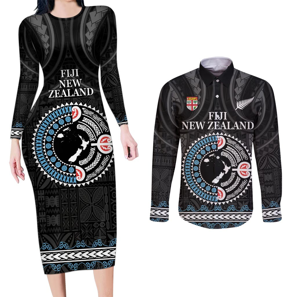 Custom Fiji and New Zealand Couples Matching Long Sleeve Bodycon Dress and Long Sleeve Button Shirt Maori Fern Mix Tapa Tribal Unique LT9 Black - Polynesian Pride