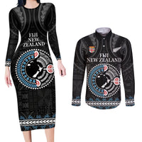 Custom Fiji and New Zealand Couples Matching Long Sleeve Bodycon Dress and Long Sleeve Button Shirt Maori Fern Mix Tapa Tribal Unique LT9 Black - Polynesian Pride