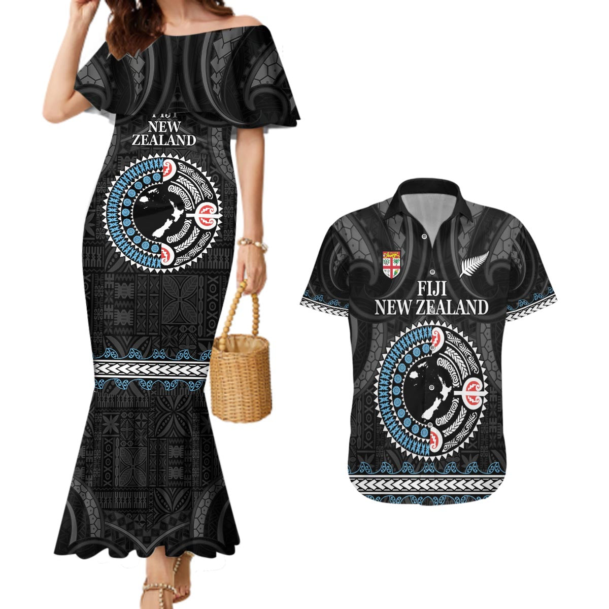 Custom Fiji and New Zealand Couples Matching Mermaid Dress and Hawaiian Shirt Maori Fern Mix Tapa Tribal Unique LT9 Black - Polynesian Pride