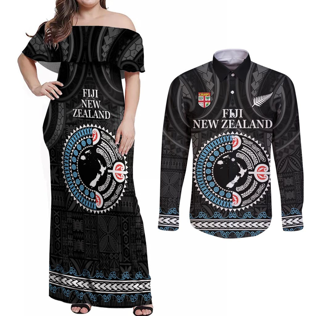 Custom Fiji and New Zealand Couples Matching Off Shoulder Maxi Dress and Long Sleeve Button Shirt Maori Fern Mix Tapa Tribal Unique LT9 Black - Polynesian Pride
