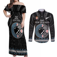 Custom Fiji and New Zealand Couples Matching Off Shoulder Maxi Dress and Long Sleeve Button Shirt Maori Fern Mix Tapa Tribal Unique LT9 Black - Polynesian Pride
