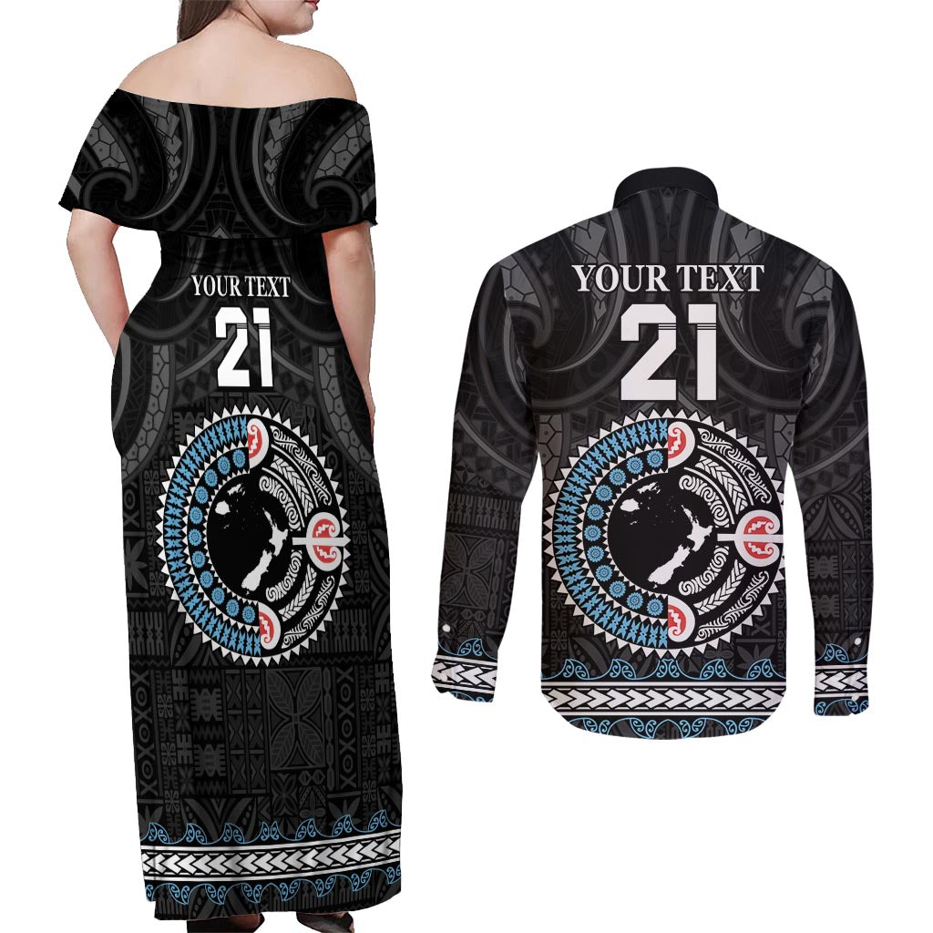 Custom Fiji and New Zealand Couples Matching Off Shoulder Maxi Dress and Long Sleeve Button Shirt Maori Fern Mix Tapa Tribal Unique LT9 - Polynesian Pride