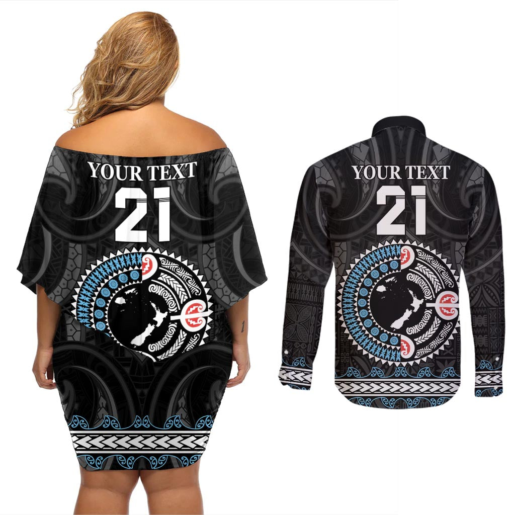 Custom Fiji and New Zealand Couples Matching Off Shoulder Short Dress and Long Sleeve Button Shirt Maori Fern Mix Tapa Tribal Unique LT9 - Polynesian Pride