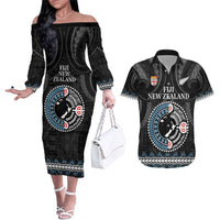 Custom Fiji and New Zealand Couples Matching Off The Shoulder Long Sleeve Dress and Hawaiian Shirt Maori Fern Mix Tapa Tribal Unique LT9 Black - Polynesian Pride