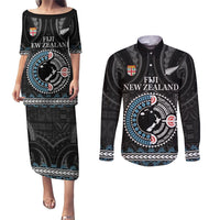 Custom Fiji and New Zealand Couples Matching Puletasi and Long Sleeve Button Shirt Maori Fern Mix Tapa Tribal Unique LT9 Black - Polynesian Pride
