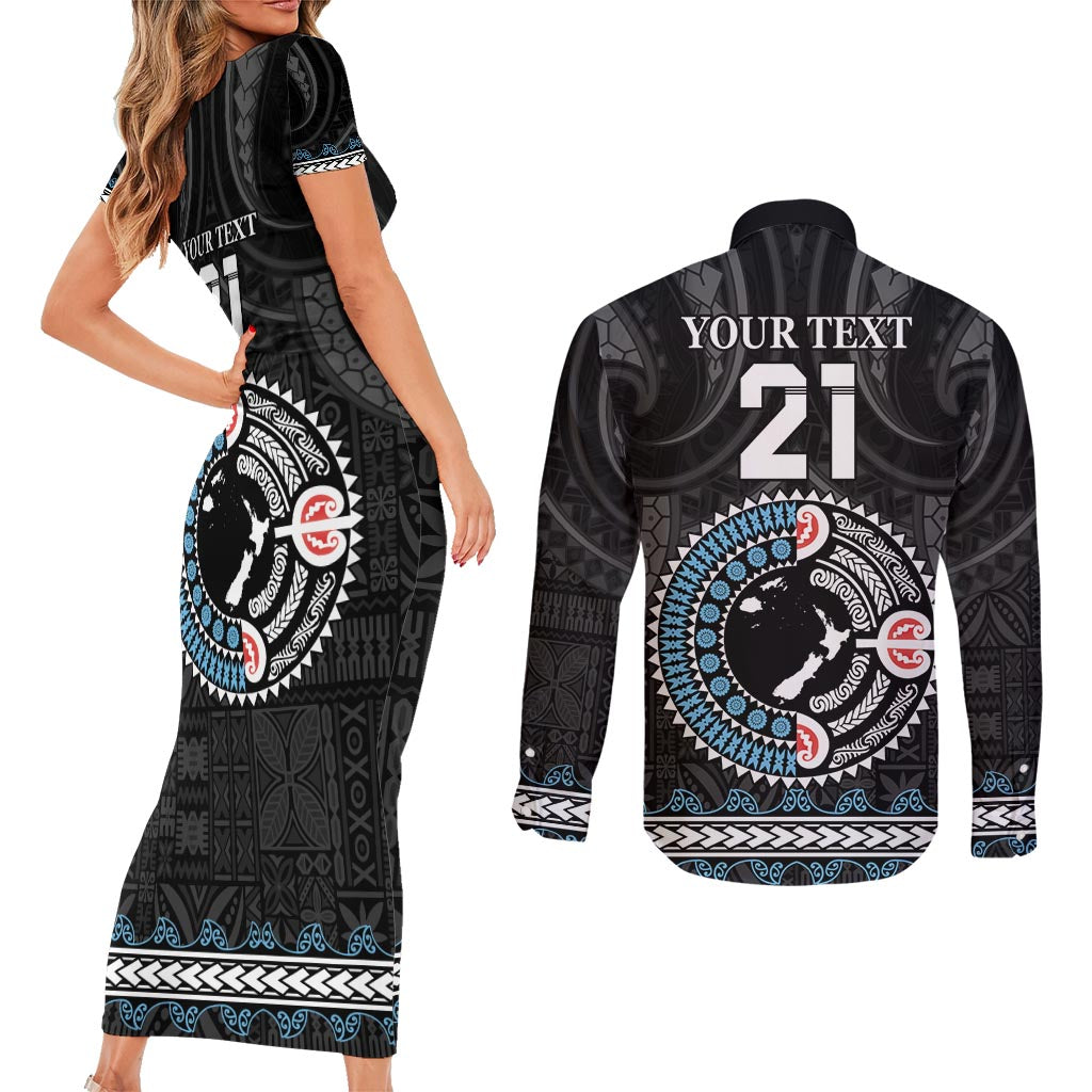 Custom Fiji and New Zealand Couples Matching Short Sleeve Bodycon Dress and Long Sleeve Button Shirt Maori Fern Mix Tapa Tribal Unique LT9 - Polynesian Pride