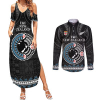 Custom Fiji and New Zealand Couples Matching Summer Maxi Dress and Long Sleeve Button Shirt Maori Fern Mix Tapa Tribal Unique LT9 Black - Polynesian Pride