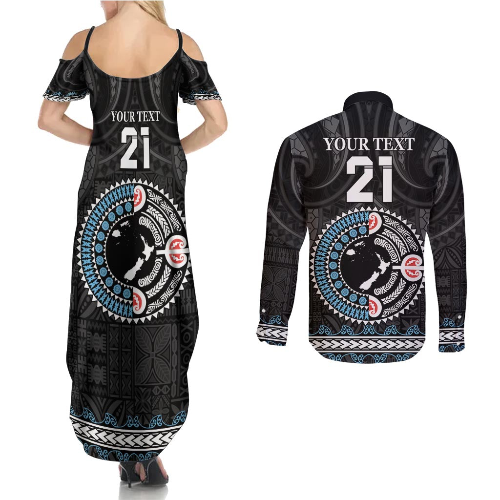 Custom Fiji and New Zealand Couples Matching Summer Maxi Dress and Long Sleeve Button Shirt Maori Fern Mix Tapa Tribal Unique LT9 - Polynesian Pride