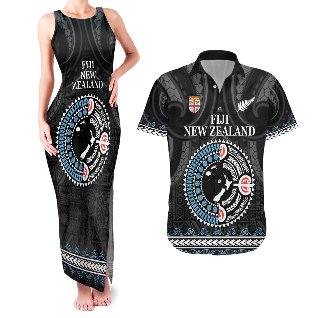 Custom Fiji and New Zealand Couples Matching Tank Maxi Dress and Hawaiian Shirt Maori Fern Mix Tapa Tribal Unique LT9 Black - Polynesian Pride