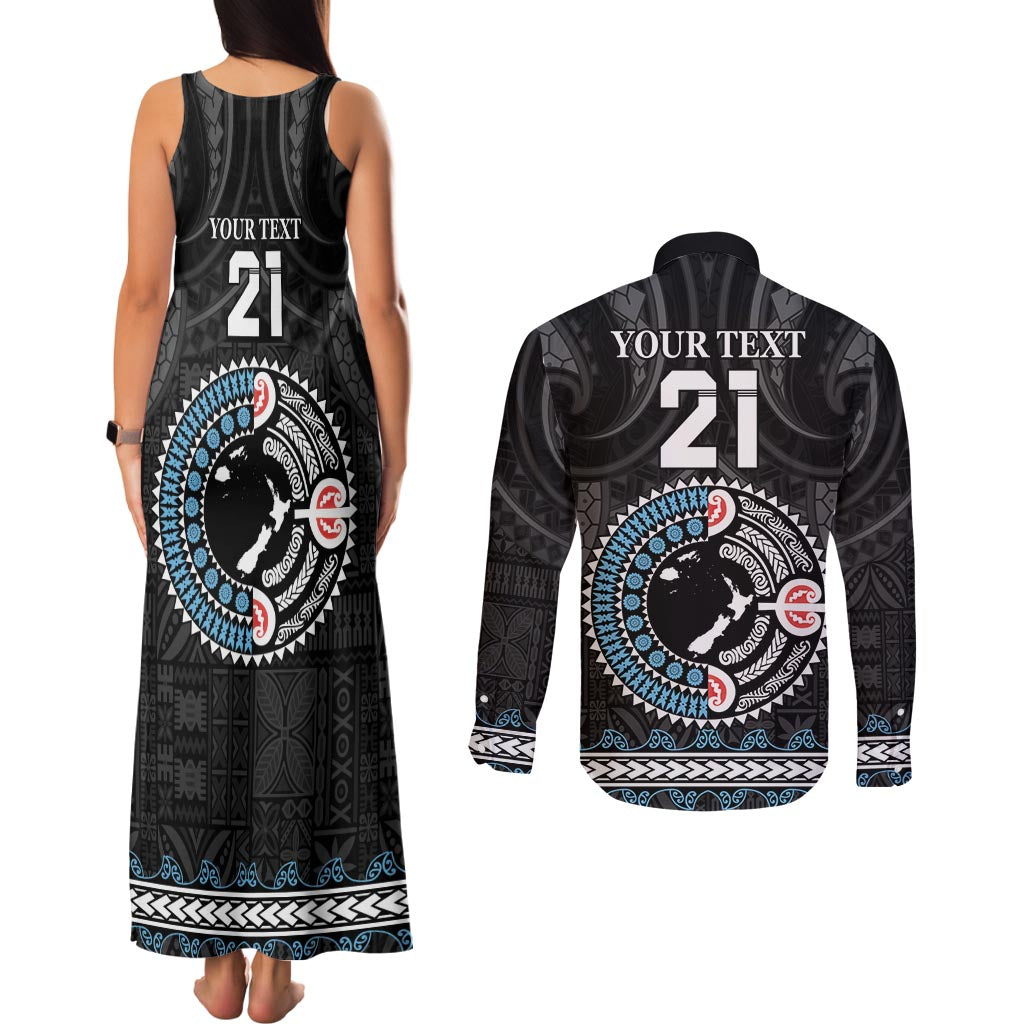 Custom Fiji and New Zealand Couples Matching Tank Maxi Dress and Long Sleeve Button Shirt Maori Fern Mix Tapa Tribal Unique LT9 - Polynesian Pride