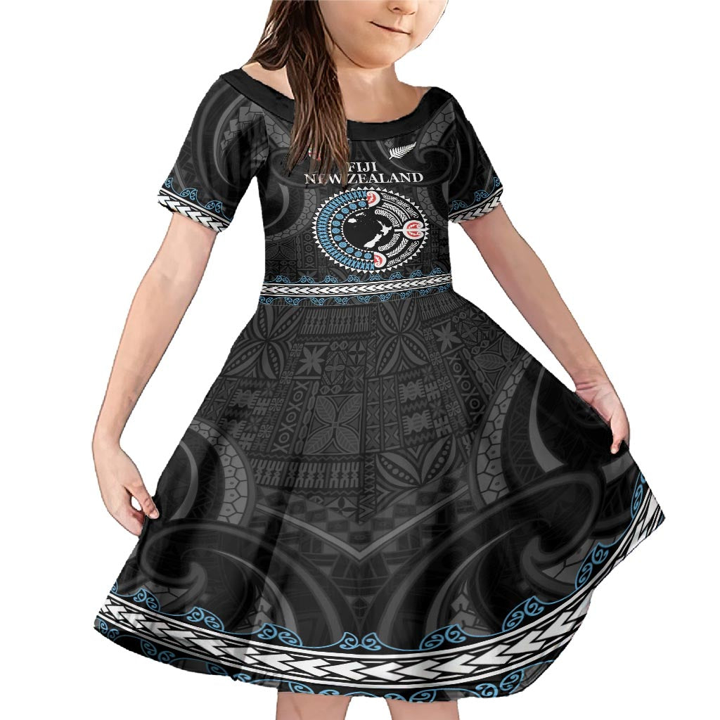 Custom Fiji and New Zealand Family Matching Mermaid Dress and Hawaiian Shirt Maori Fern Mix Tapa Tribal Unique LT9 Daughter's Dress Black - Polynesian Pride