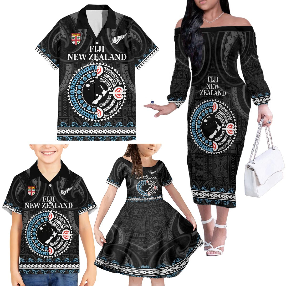 Custom Fiji and New Zealand Family Matching Off The Shoulder Long Sleeve Dress and Hawaiian Shirt Maori Fern Mix Tapa Tribal Unique LT9 - Polynesian Pride
