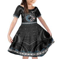 Custom Fiji and New Zealand Family Matching Off Shoulder Maxi Dress and Hawaiian Shirt Maori Fern Mix Tapa Tribal Unique LT9 Daughter's Dress Black - Polynesian Pride