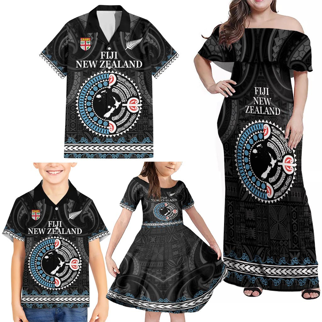 Custom Fiji and New Zealand Family Matching Off Shoulder Maxi Dress and Hawaiian Shirt Maori Fern Mix Tapa Tribal Unique LT9 - Polynesian Pride