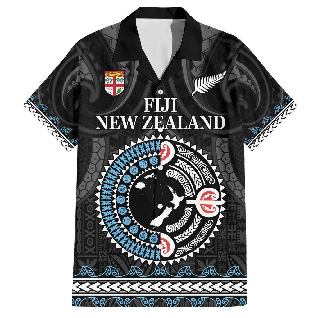 Custom Fiji and New Zealand Family Matching Off Shoulder Maxi Dress and Hawaiian Shirt Maori Fern Mix Tapa Tribal Unique LT9 Dad's Shirt - Short Sleeve Black - Polynesian Pride