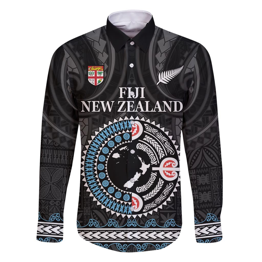 Custom Fiji and New Zealand Family Matching Off Shoulder Maxi Dress and Hawaiian Shirt Maori Fern Mix Tapa Tribal Unique LT9 Dad's Shirt - Long Sleeve Black - Polynesian Pride