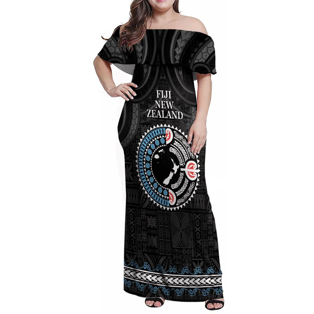 Custom Fiji and New Zealand Family Matching Off Shoulder Maxi Dress and Hawaiian Shirt Maori Fern Mix Tapa Tribal Unique LT9 Mom's Dress Black - Polynesian Pride