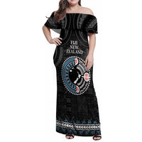Custom Fiji and New Zealand Family Matching Off Shoulder Maxi Dress and Hawaiian Shirt Maori Fern Mix Tapa Tribal Unique LT9 Mom's Dress Black - Polynesian Pride