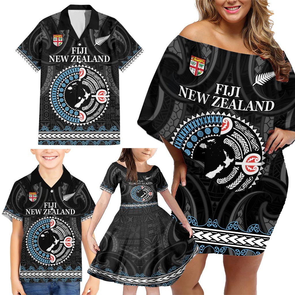 Custom Fiji and New Zealand Family Matching Off Shoulder Short Dress and Hawaiian Shirt Maori Fern Mix Tapa Tribal Unique LT9 - Polynesian Pride