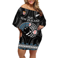 Custom Fiji and New Zealand Family Matching Off Shoulder Short Dress and Hawaiian Shirt Maori Fern Mix Tapa Tribal Unique LT9 Mom's Dress Black - Polynesian Pride
