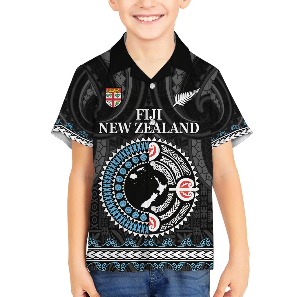 Custom Fiji and New Zealand Family Matching Off Shoulder Short Dress and Hawaiian Shirt Maori Fern Mix Tapa Tribal Unique LT9 Son's Shirt Black - Polynesian Pride