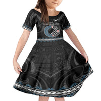 Custom Fiji and New Zealand Family Matching Puletasi and Hawaiian Shirt Maori Fern Mix Tapa Tribal Unique LT9 Daughter's Dress Black - Polynesian Pride