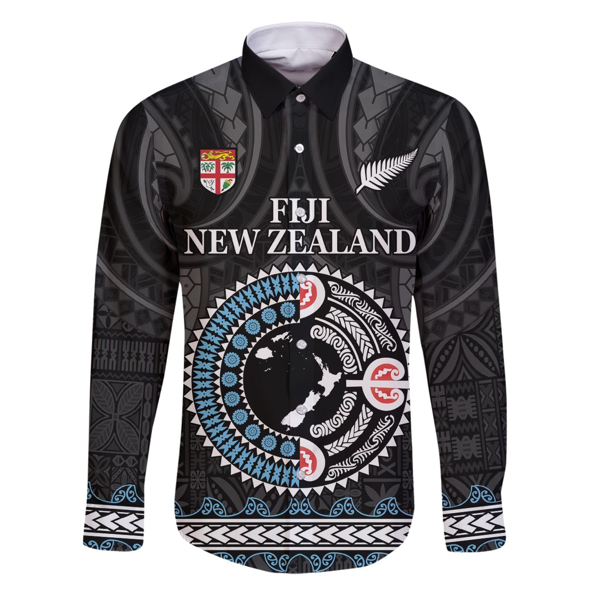 Custom Fiji and New Zealand Family Matching Puletasi and Hawaiian Shirt Maori Fern Mix Tapa Tribal Unique LT9 Dad's Shirt - Long Sleeve Black - Polynesian Pride