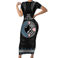 Custom Fiji and New Zealand Family Matching Short Sleeve Bodycon Dress and Hawaiian Shirt Maori Fern Mix Tapa Tribal Unique LT9 Mom's Dress Black - Polynesian Pride
