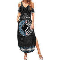 Custom Fiji and New Zealand Family Matching Summer Maxi Dress and Hawaiian Shirt Maori Fern Mix Tapa Tribal Unique LT9 Mom's Dress Black - Polynesian Pride