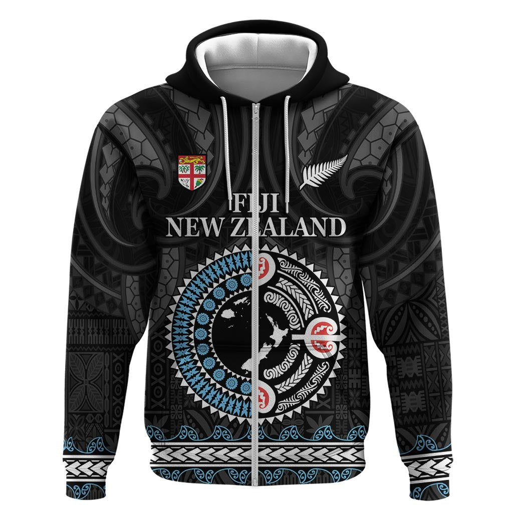Custom Fiji and New Zealand Hoodie Maori Fern Mix Tapa Tribal Unique LT9 Zip Hoodie Black - Polynesian Pride
