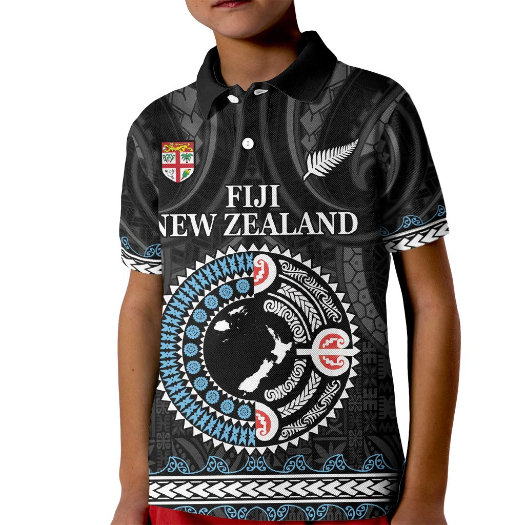 Custom Fiji and New Zealand Kid Polo Shirt Maori Fern Mix Tapa Tribal Unique LT9 Kid Black - Polynesian Pride
