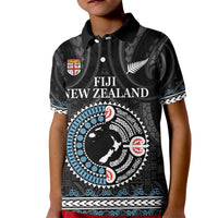 Custom Fiji and New Zealand Kid Polo Shirt Maori Fern Mix Tapa Tribal Unique LT9 Kid Black - Polynesian Pride