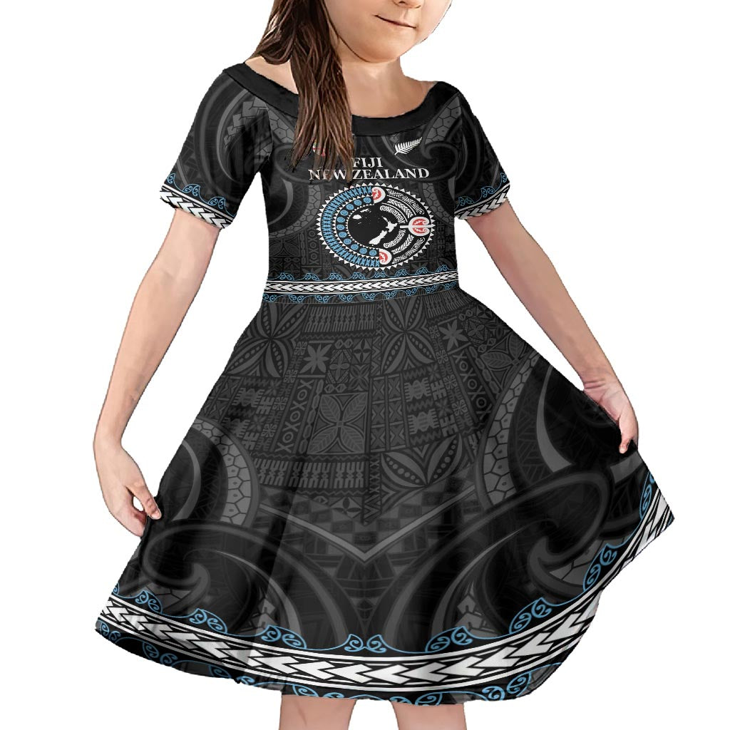 Custom Fiji and New Zealand Kid Short Sleeve Dress Maori Fern Mix Tapa Tribal Unique LT9 KID Black - Polynesian Pride