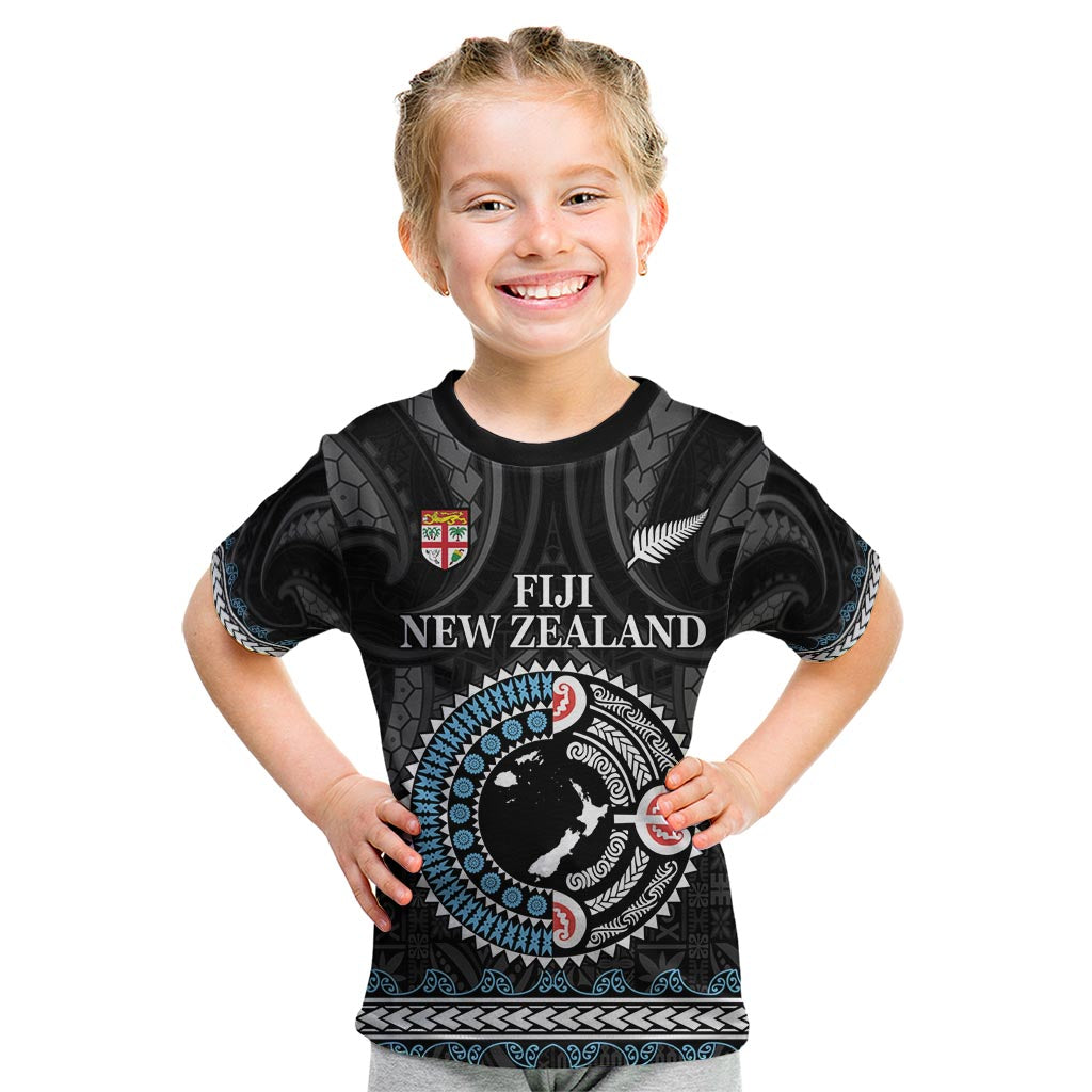 Custom Fiji and New Zealand Kid T Shirt Maori Fern Mix Tapa Tribal Unique LT9 Black - Polynesian Pride