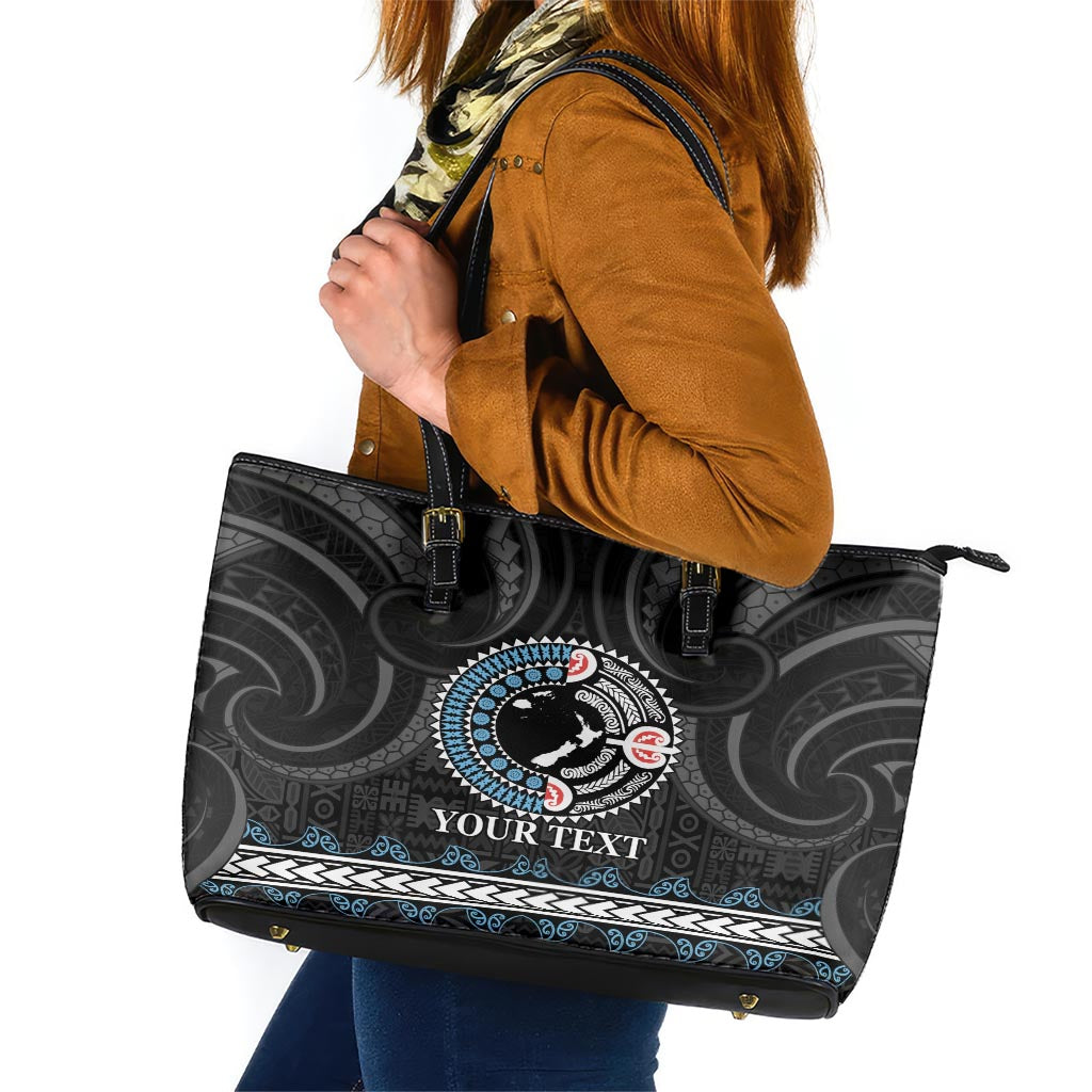 Custom Fiji and New Zealand Leather Tote Bag Maori Fern Mix Tapa Tribal Unique LT9 Black - Polynesian Pride