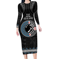 Custom Fiji and New Zealand Long Sleeve Bodycon Dress Maori Fern Mix Tapa Tribal Unique LT9 Long Dress Black - Polynesian Pride