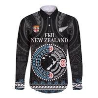 Custom Fiji and New Zealand Long Sleeve Button Shirt Maori Fern Mix Tapa Tribal Unique LT9 Unisex Black - Polynesian Pride